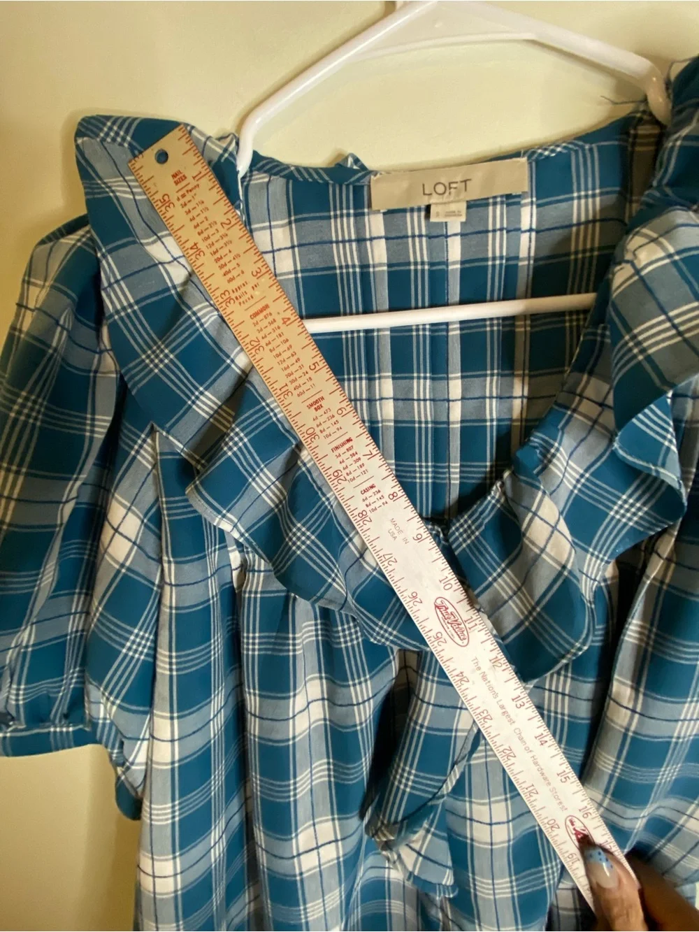LOFT Teal and White Plaid Ruffle V-Neck Puff Sleeve Blouse